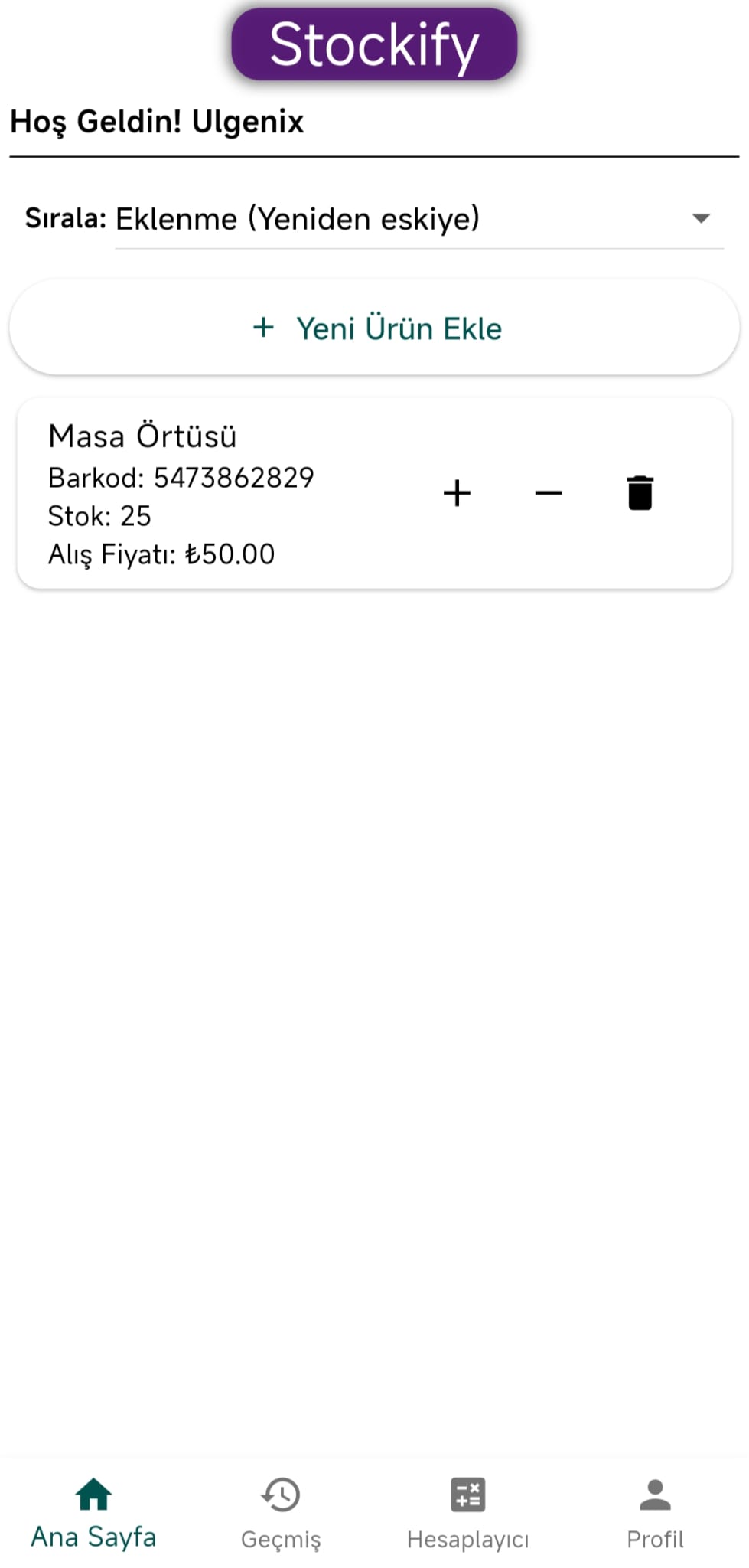 Ürün Eklenmiş Ana Ekran